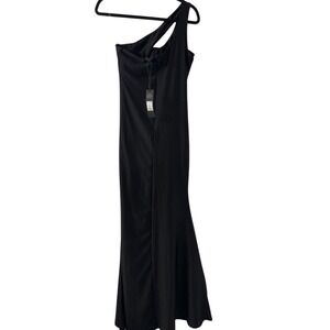 NWT Fashion Nova M Black One Shoulder Maxi Gown Ruched Prom Dress Trumpet Slit‎